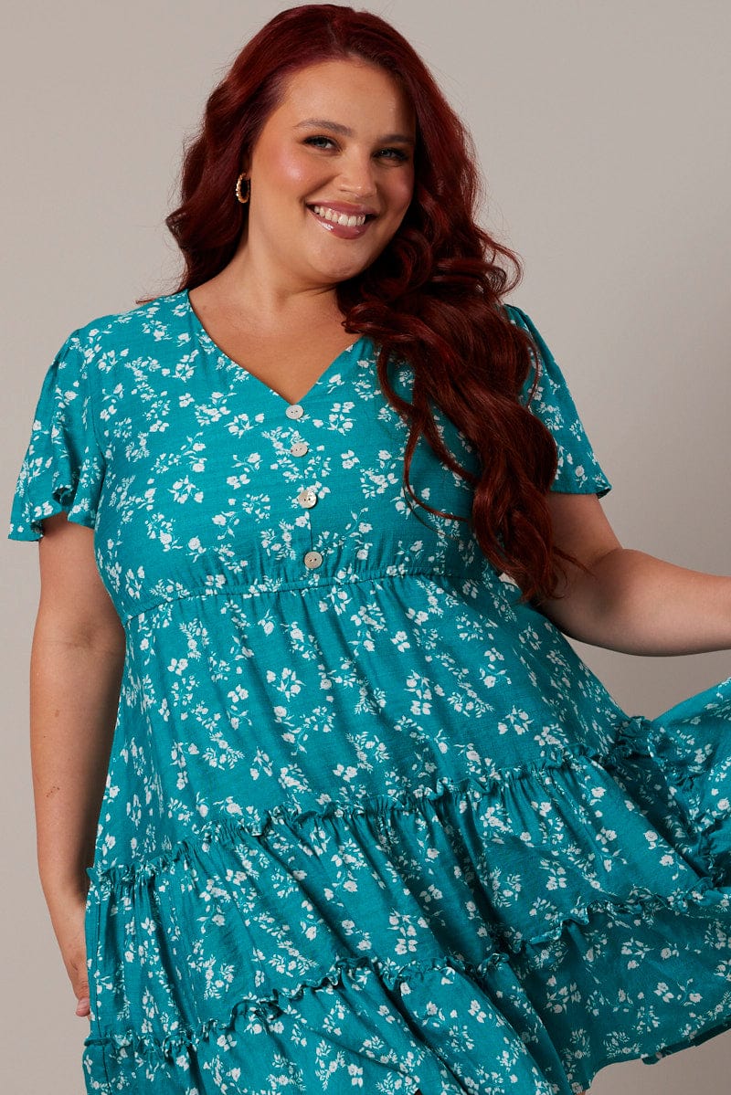 Green Ditsy Fit and Flare Dress Short Sleeve Tiered for YouandAll Fashion