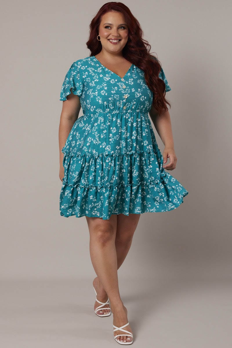 Green Ditsy Fit and Flare Dress Short Sleeve Tiered for YouandAll Fashion