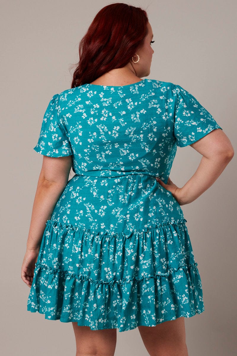 Green Ditsy Fit and Flare Dress Short Sleeve Tiered for YouandAll Fashion