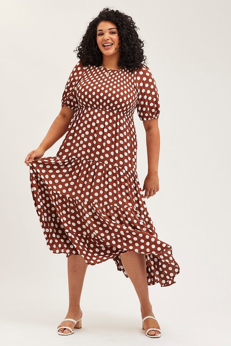 Polka Dot Maxi Dress Round Neck Puff Sleeve Shirred For Women By You And All