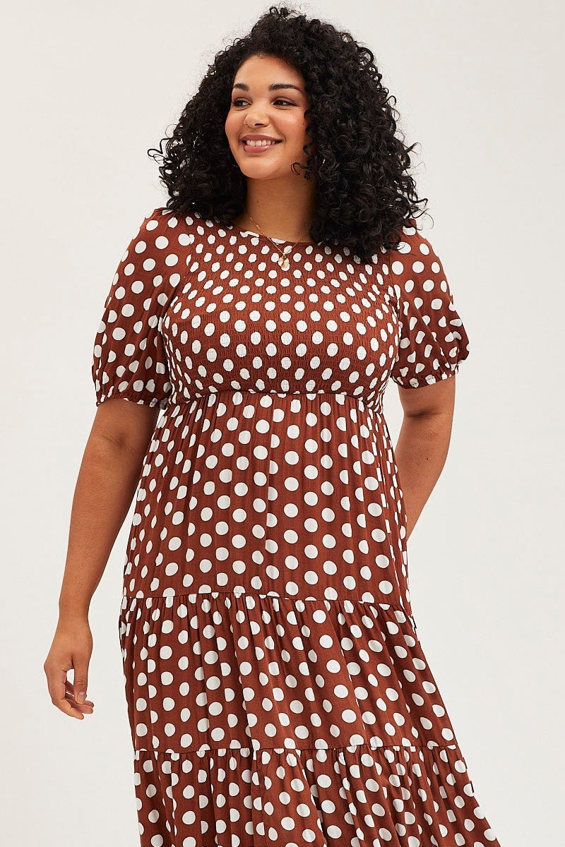 Plus Size Polka Dot Maxi Dress Round Neck Puff Sleeve Shirred