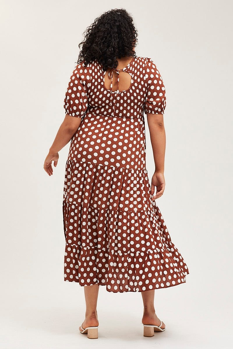Polka Dot Maxi Dress Round Neck Puff Sleeve Shirred For Women By You And All