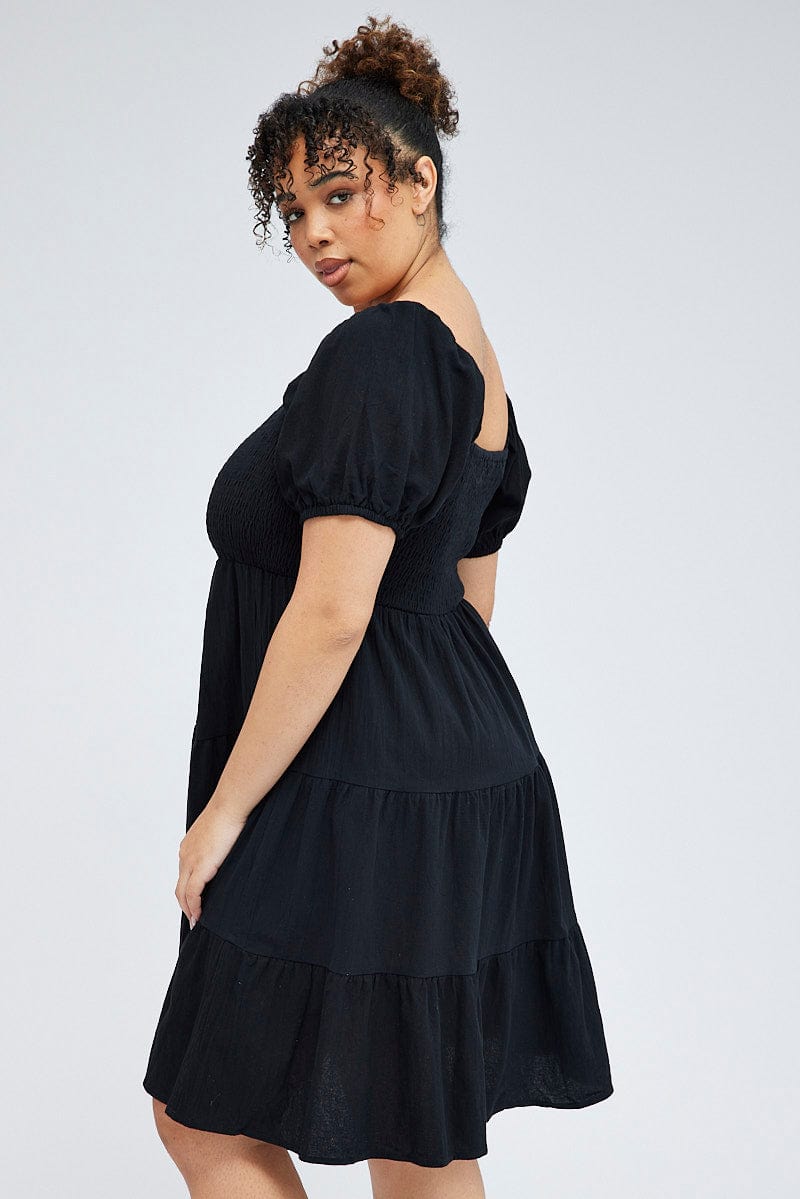 Black Mini Dress Tiered Shirred Bust Puff Sleeve for YouandAll Fashion