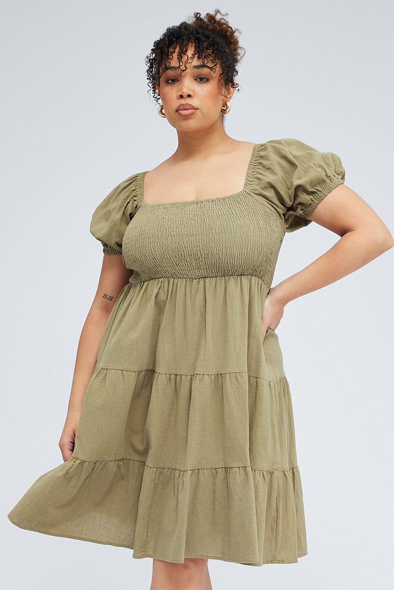 Green Mini Dress Tiered Shirred Bust Puff Sleeve for YouandAll Fashion