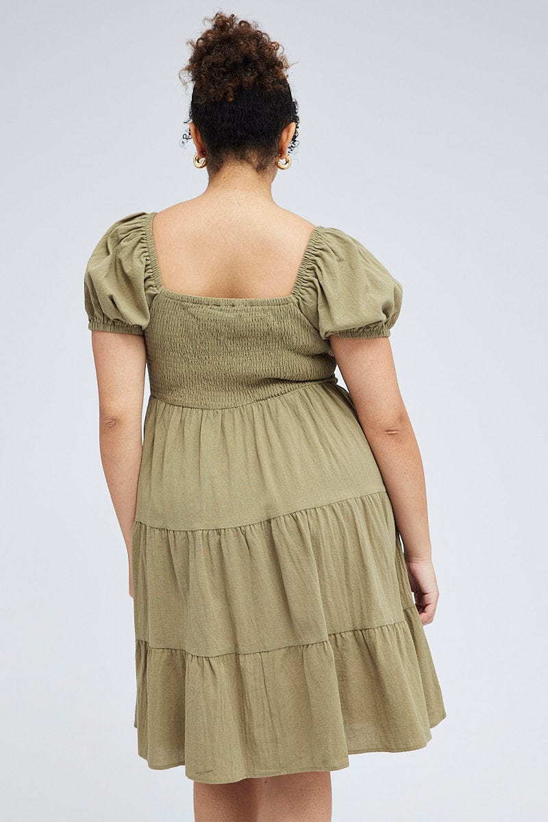 Green Mini Dress Tiered Shirred Bust Puff Sleeve | You & All Green Mini Dress Tiered Shirred Bust Puff Sleeve | You & All