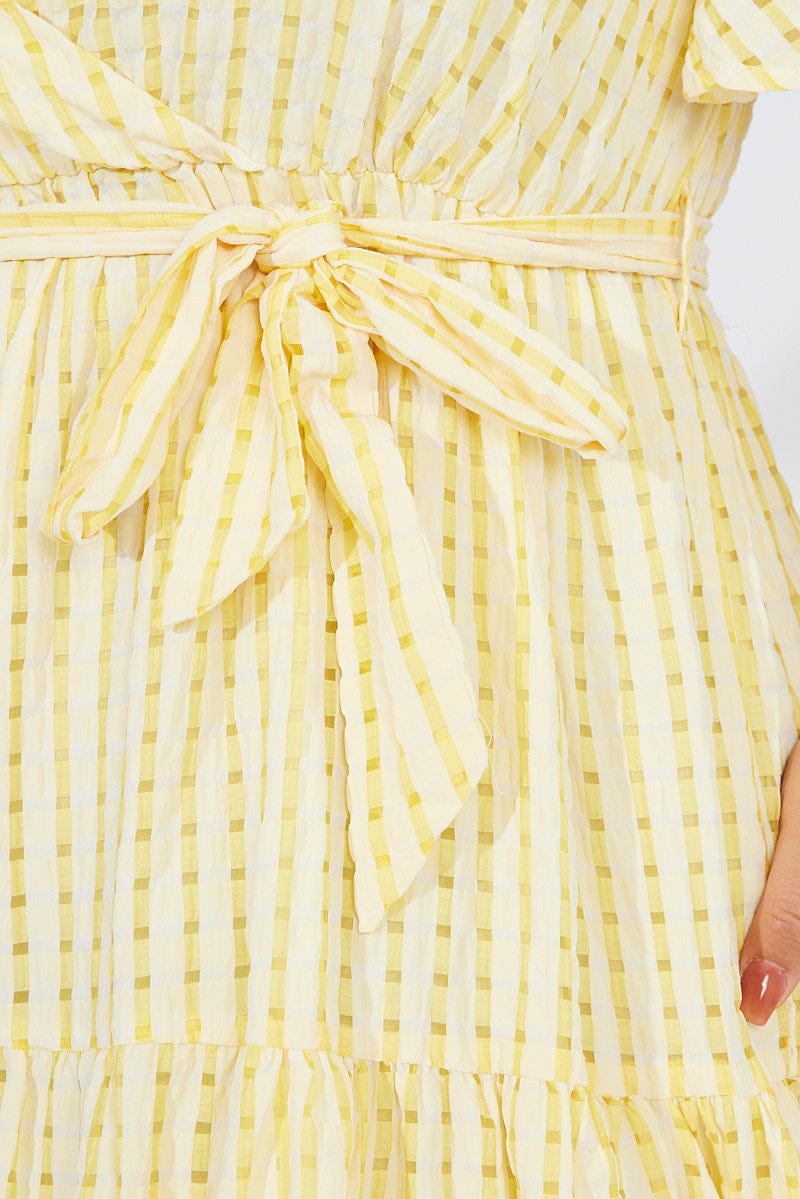 Yellow Self Check Wrap Midi Dress for YouandAll Fashion