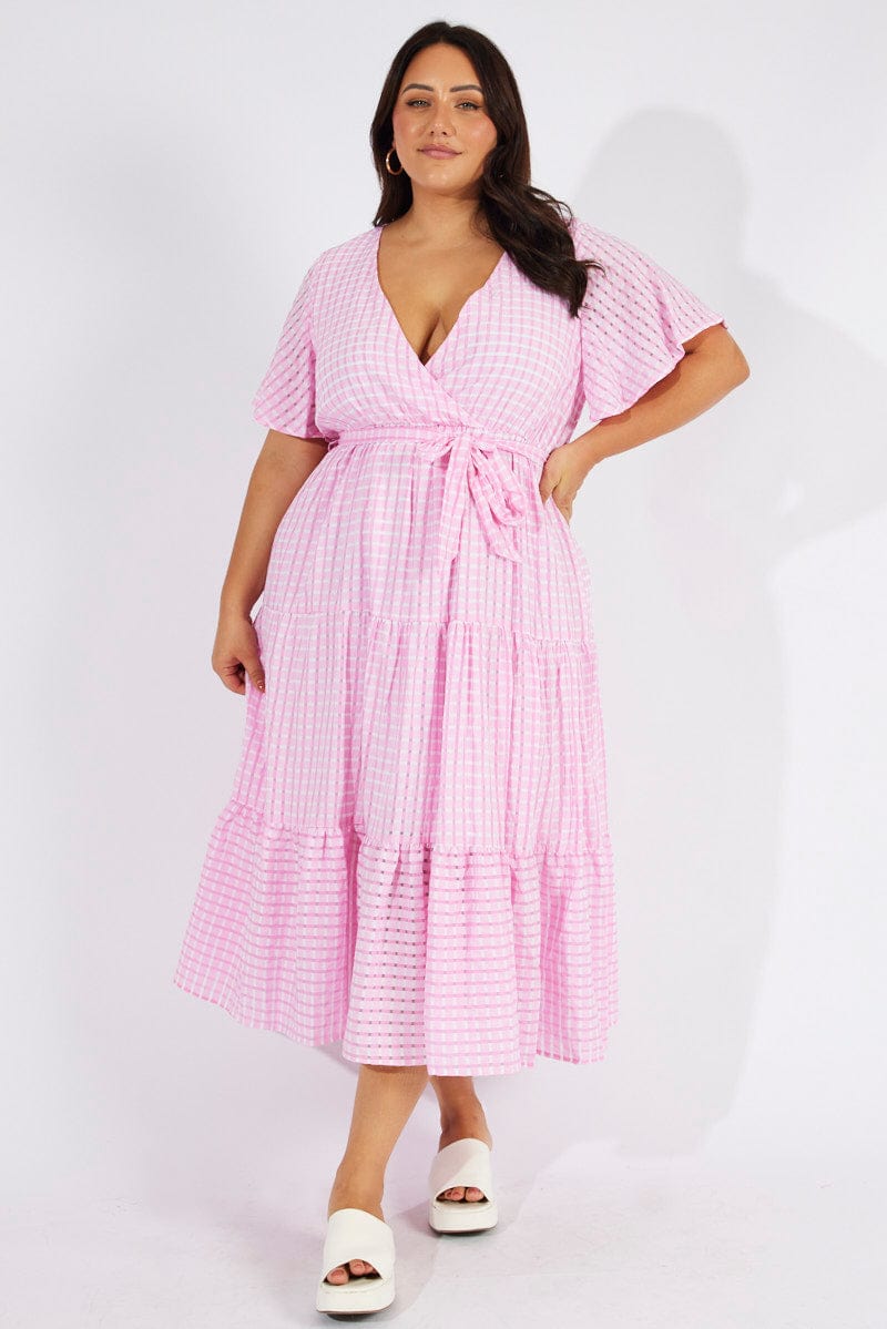 Pink Self Check Wrap Midi Dress for YouandAll Fashion