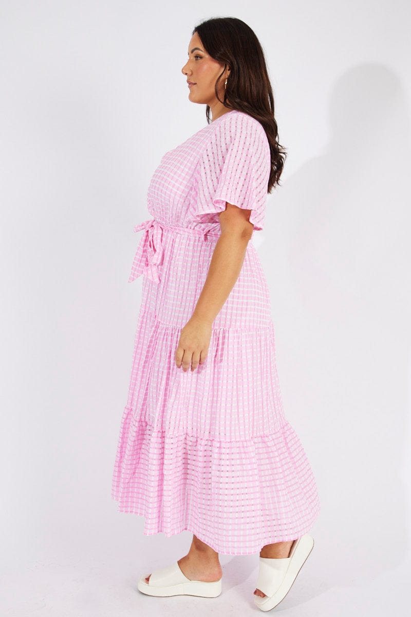 Pink Self Check Wrap Midi Dress for YouandAll Fashion