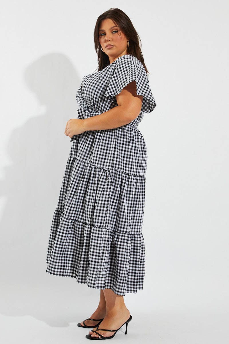 Black Check Midi Dress Short Sleeve Wrap Front Self Tie for YouandAll Fashion