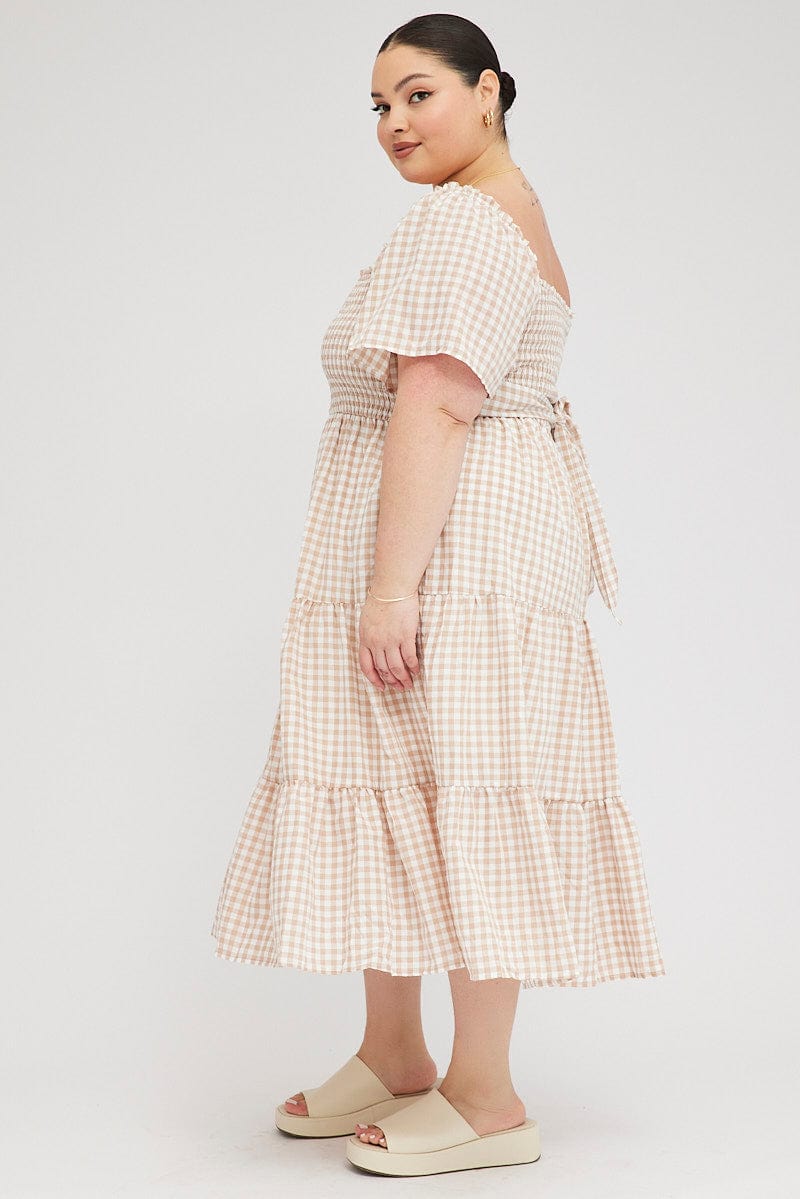 Beige Check Midi Dress Short Sleeve Shirred for YouandAll Fashion