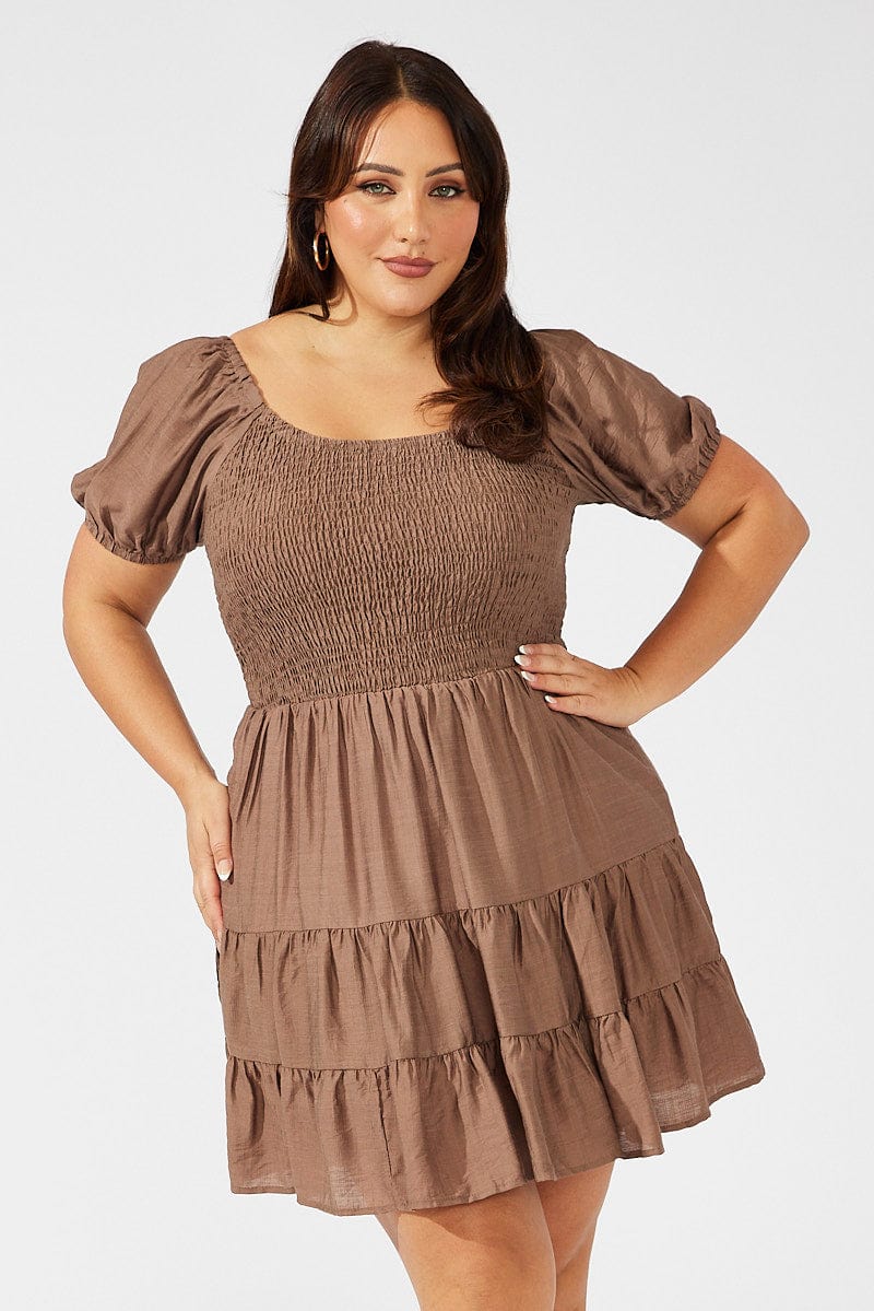 Brown Mini Dress Shirred Bodice Puff Sleeve Tiered Hem for YouandAll Fashion