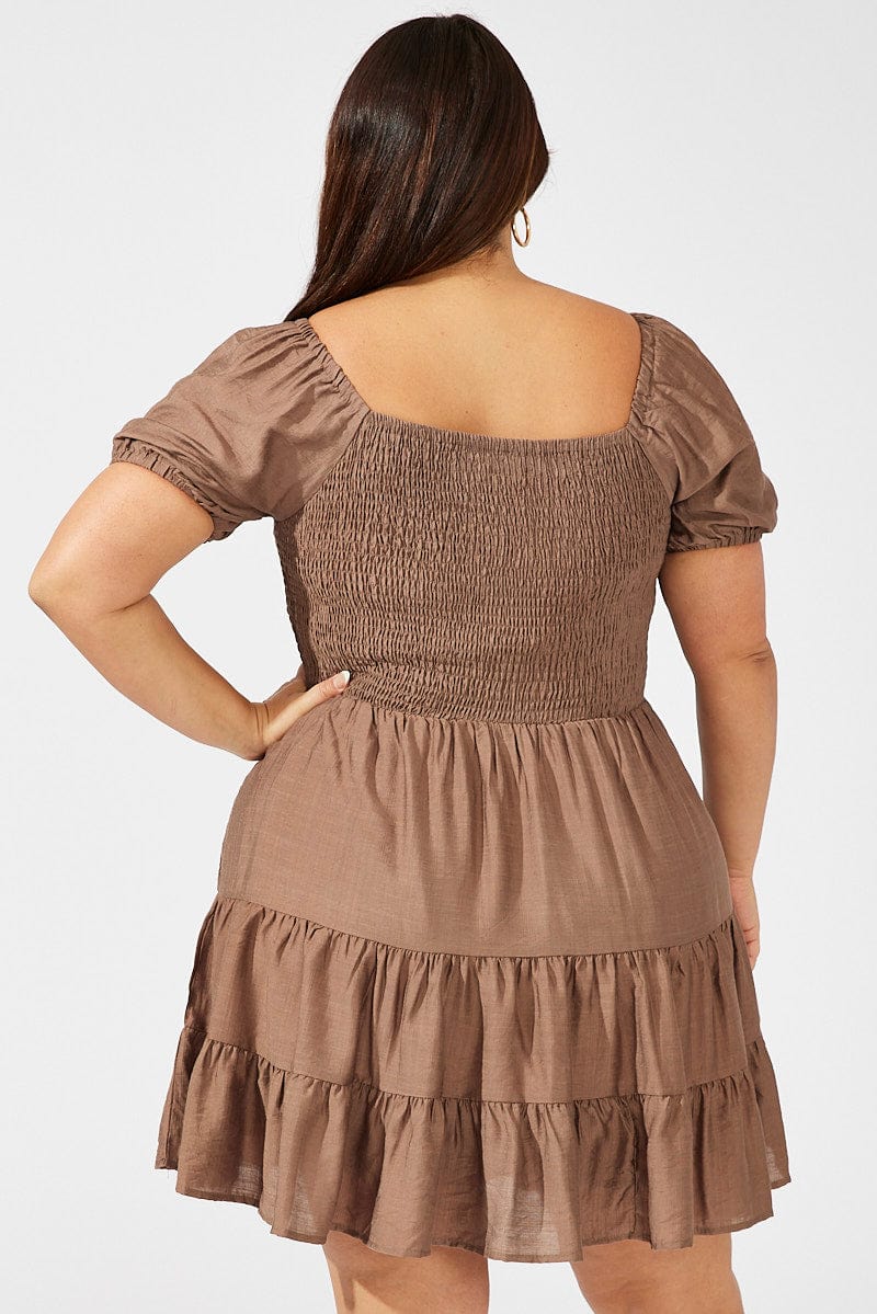 Brown Mini Dress Shirred Bodice Puff Sleeve Tiered Hem for YouandAll Fashion