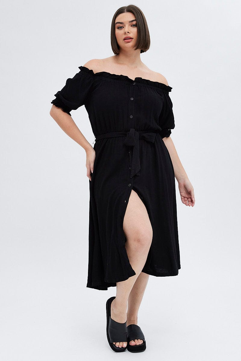 Black Short Sleeve Linen Button Midi Dress for YouandAll Fashion