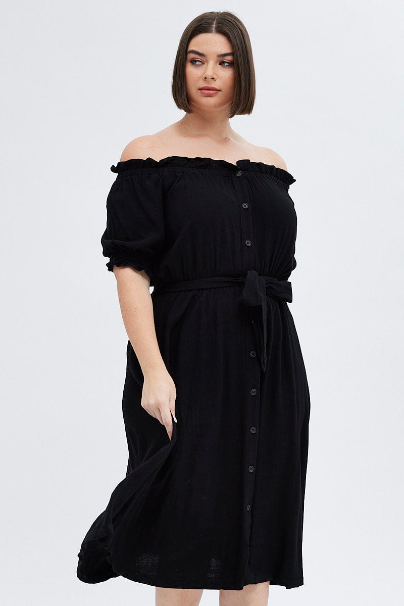 Black Short Sleeve Linen Button Midi Dress for YouandAll Fashion