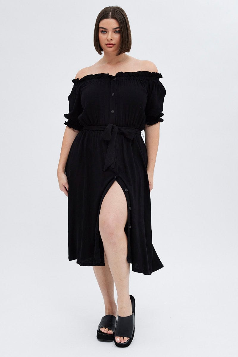 Black Short Sleeve Linen Button Midi Dress for YouandAll Fashion