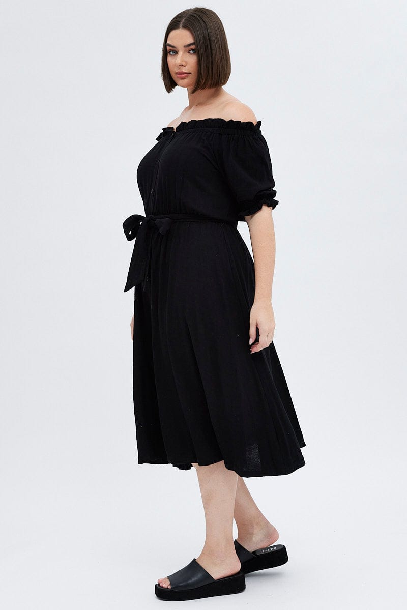 Black Short Sleeve Linen Button Midi Dress for YouandAll Fashion