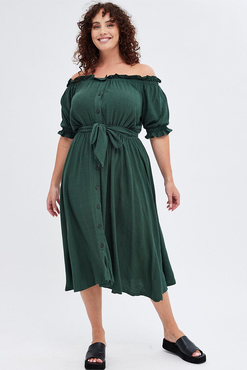 Green Short Sleeve Linen Button Midi Dress for YouandAll Fashion