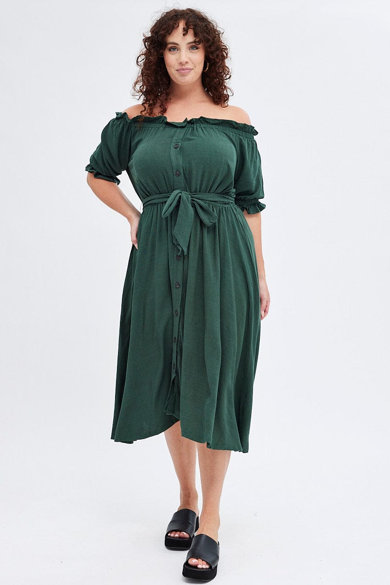 Green Short Sleeve Linen Button Midi Dress for YouandAll Fashion