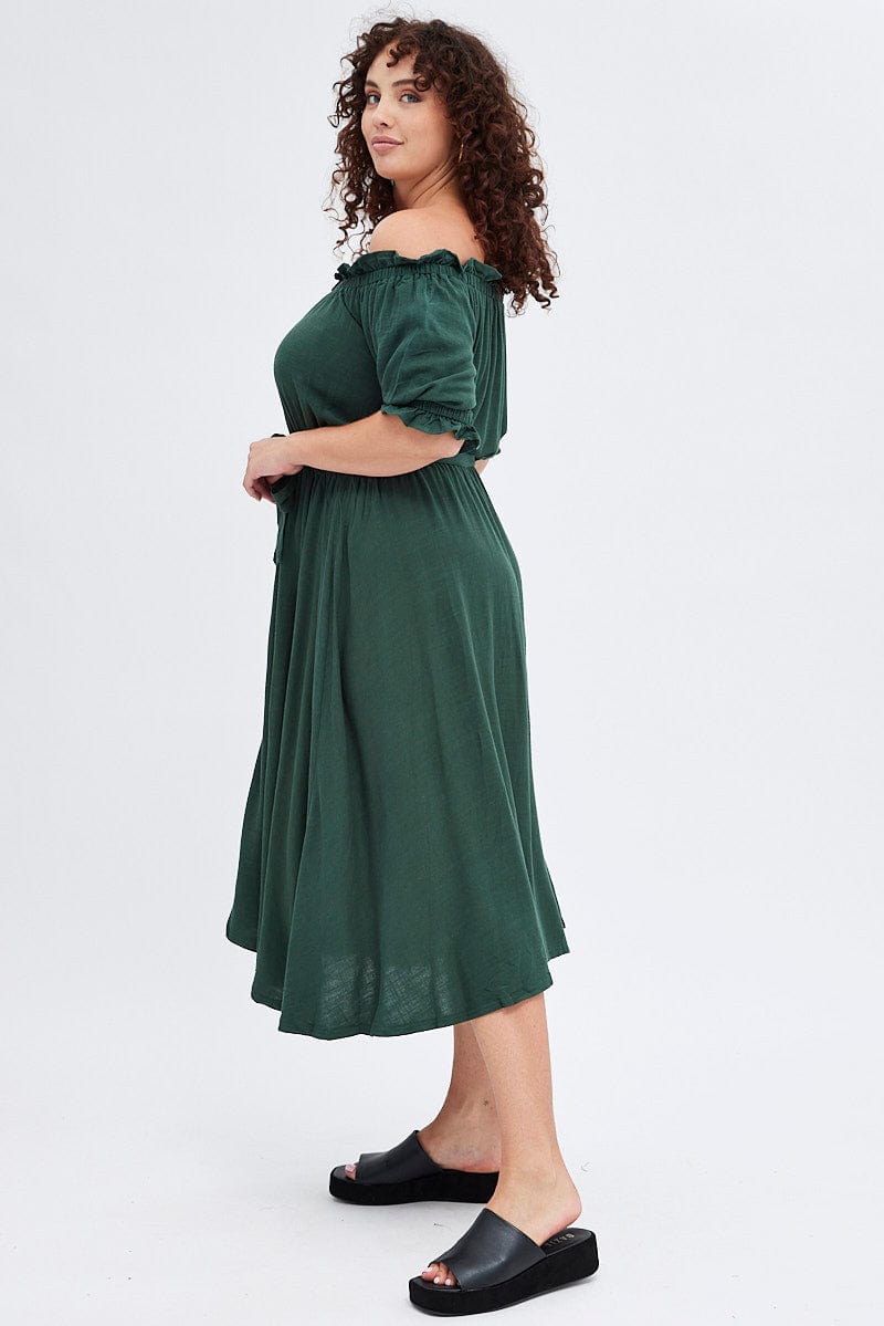 Green Short Sleeve Linen Button Midi Dress for YouandAll Fashion