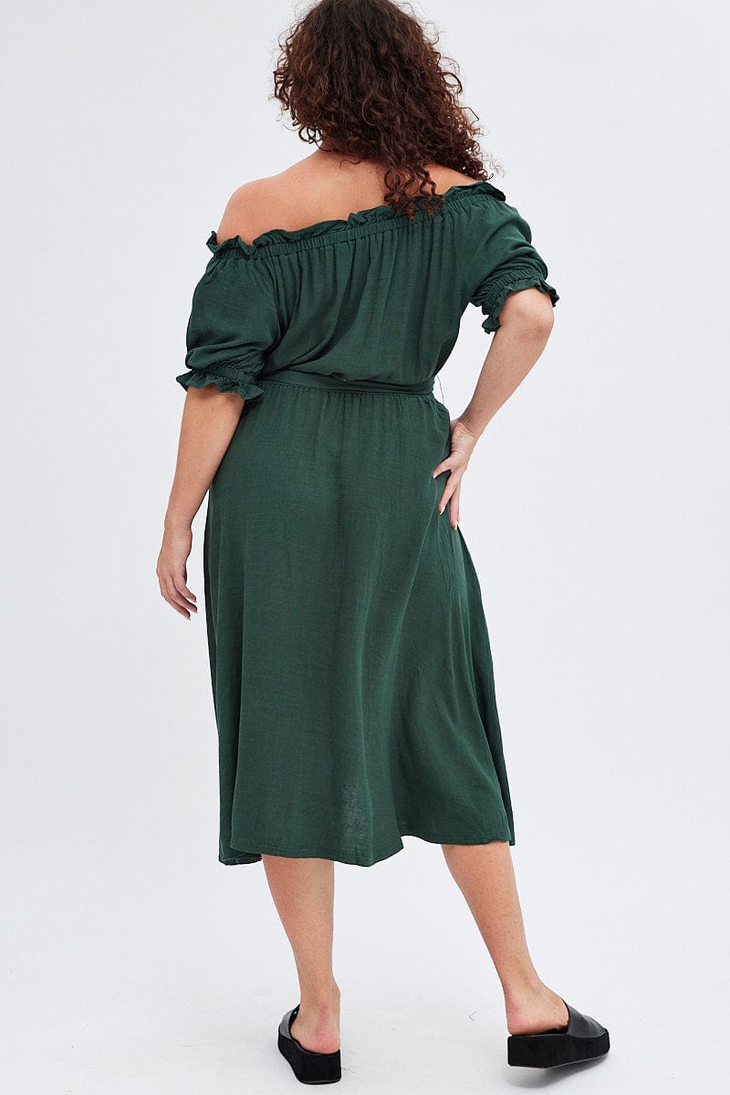 Green Short Sleeve Linen Button Midi Dress for YouandAll Fashion