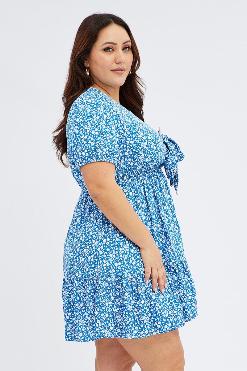 Blue Ditsy Mini Dress Puff Sleeve Tie Front | You & All