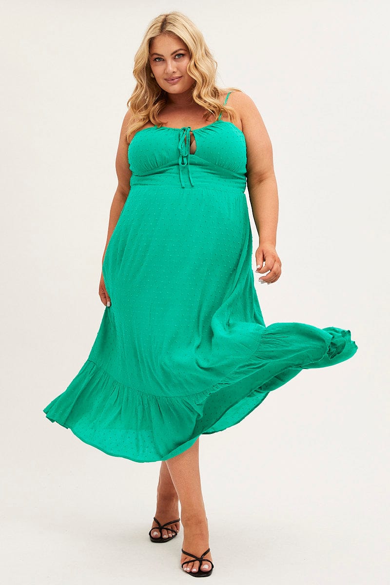 GREEN Midi Dress Shoestring Strap  Gather Bust Frill Hem