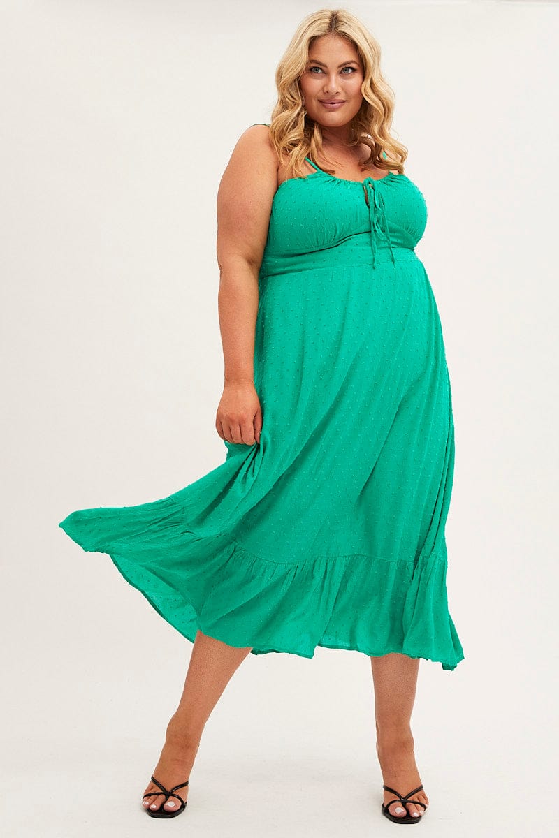 GREEN Midi Dress Shoestring Strap  Gather Bust Frill Hem