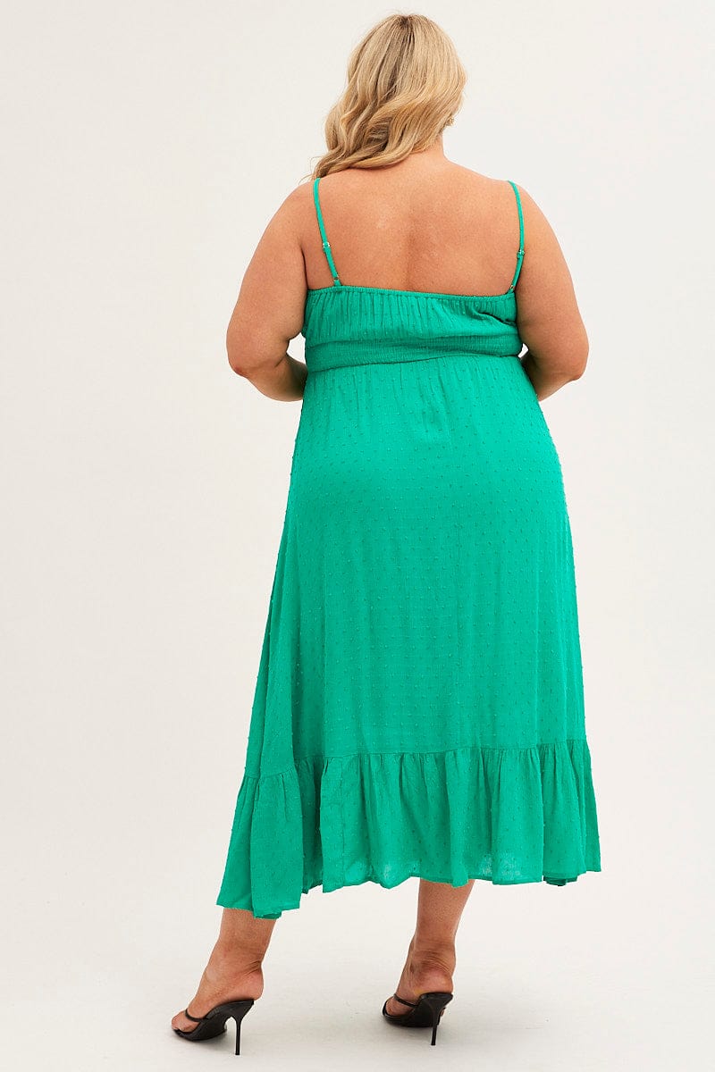 GREEN Midi Dress Shoestring Strap  Gather Bust Frill Hem