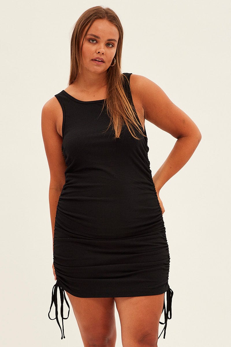 Black Rib Dress Drawstring Sleeveless for YouandAll Fashion