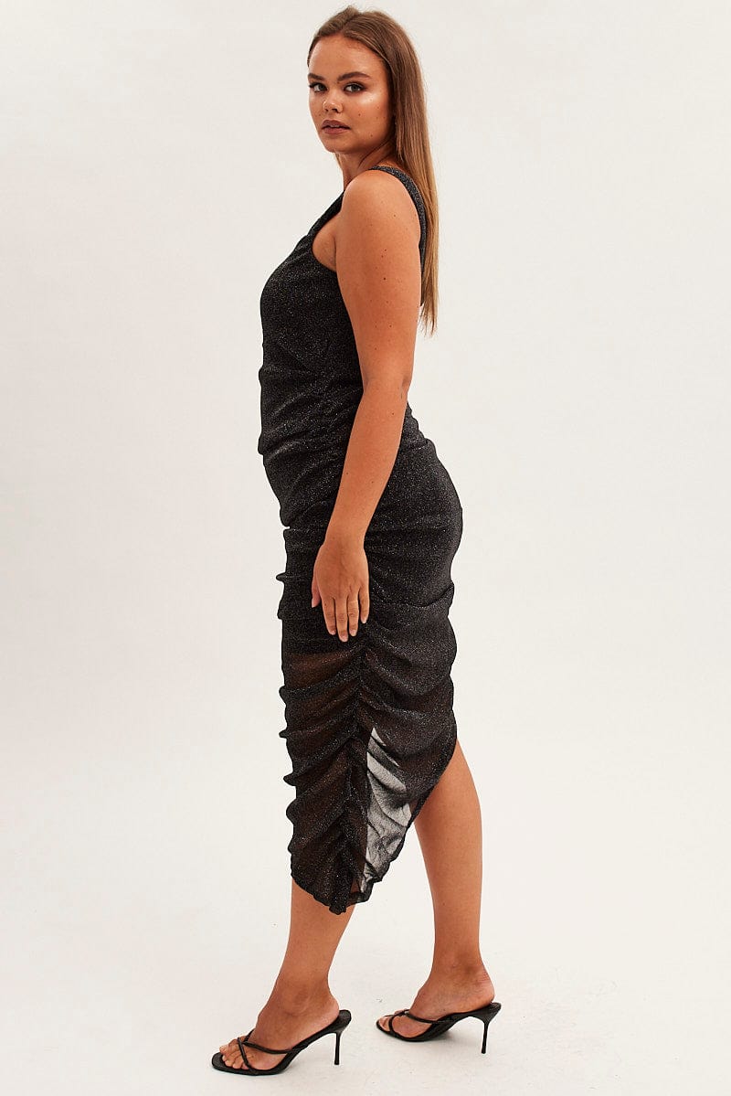 Metallic Midi Dress One Shoulder Asymmetrical Mesh for YouandAll Fashion