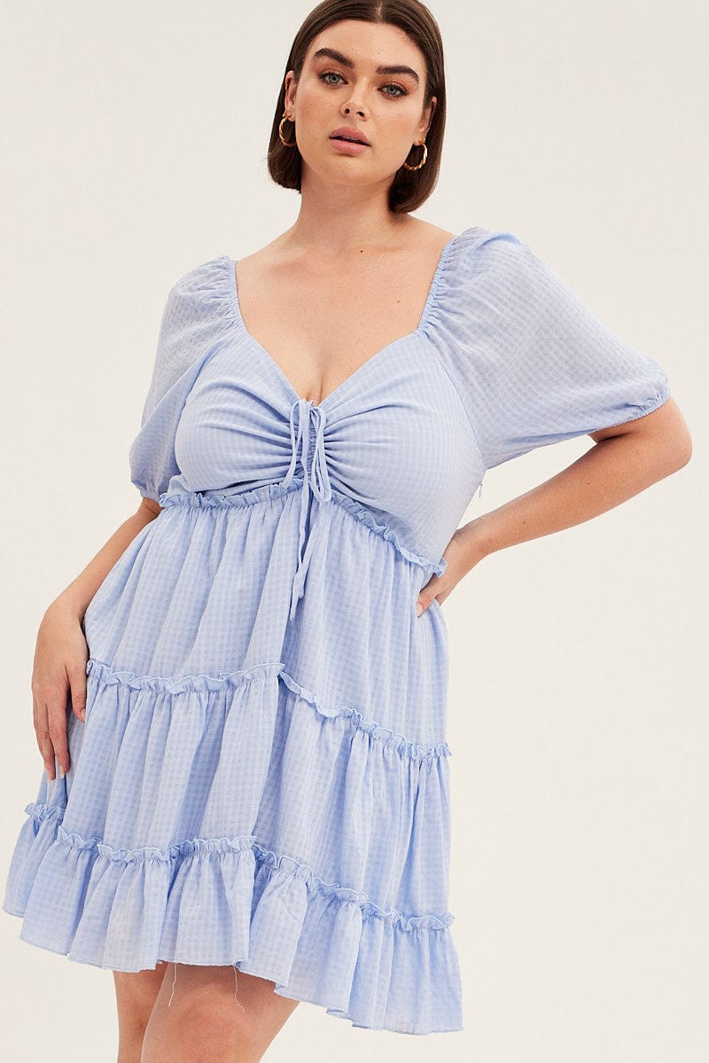 Blue Fit And Flare Dress Short Sleeve Front Ruched