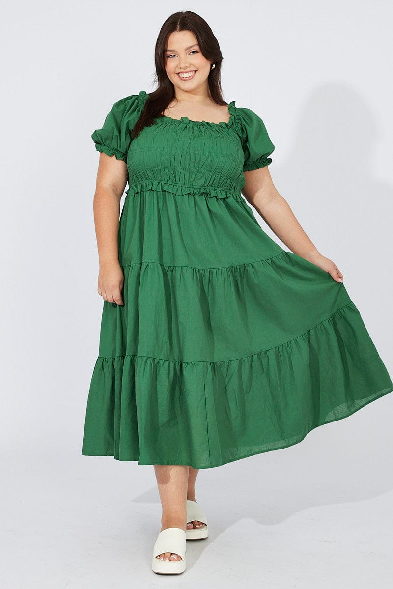 Green Midi Dress Short Sleeve Shirred for YouandAll Fashion