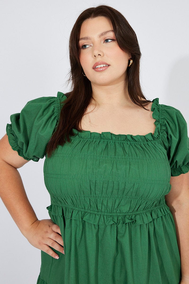 Green Midi Dress Short Sleeve Shirred for YouandAll Fashion