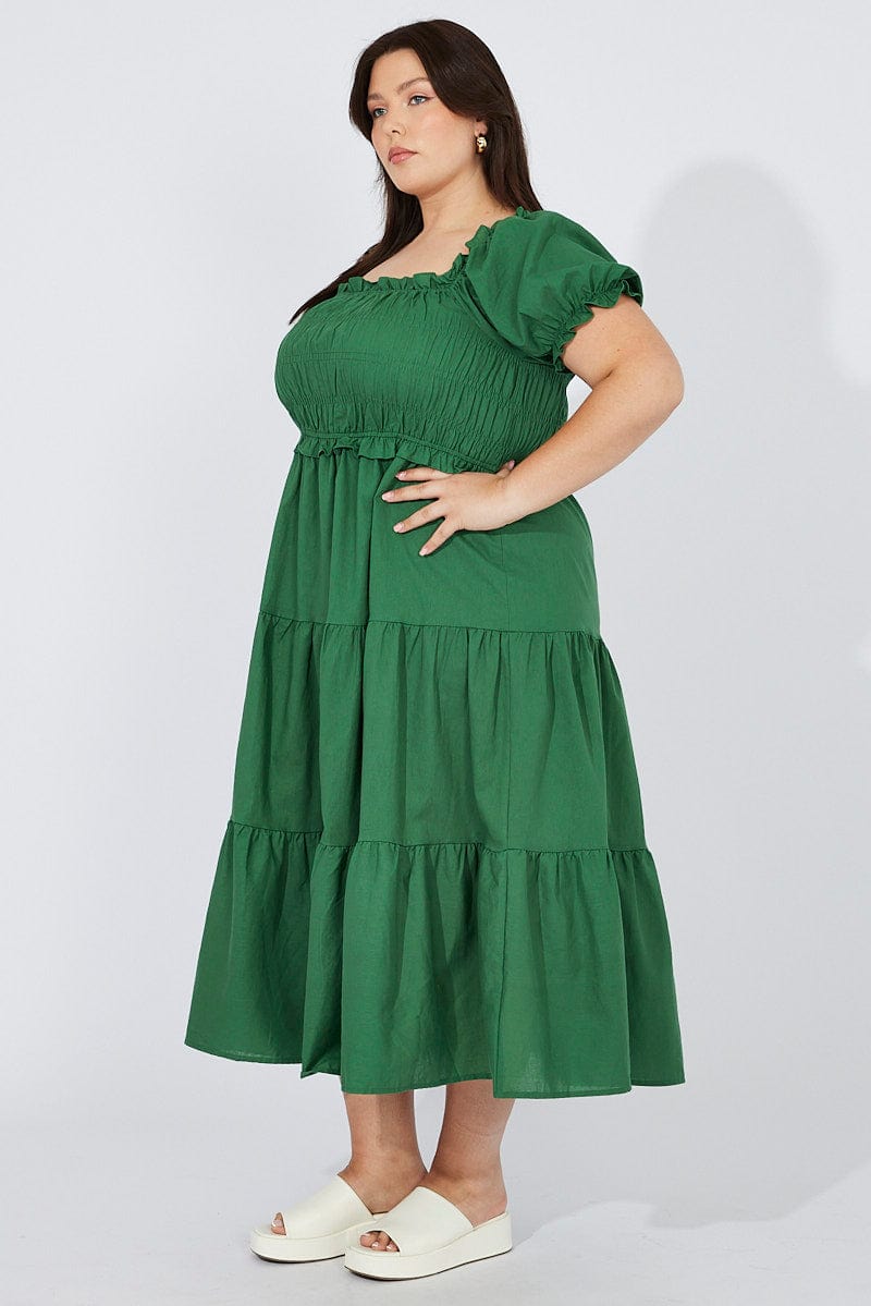 Green Midi Dress Short Sleeve Shirred for YouandAll Fashion