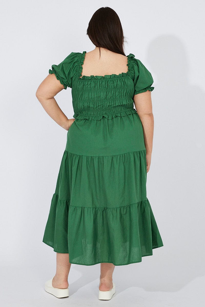 Green Midi Dress Short Sleeve Shirred for YouandAll Fashion