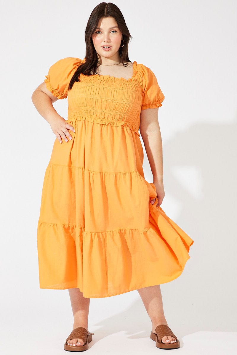 Orange Midi Dress Short Sleeve Shirred for YouandAll Fashion