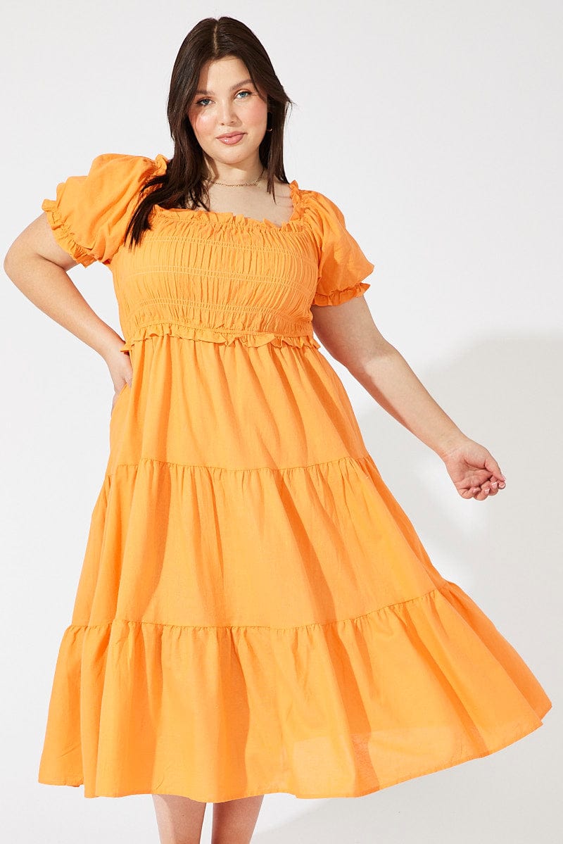 Orange Midi Dress Short Sleeve Shirred for YouandAll Fashion