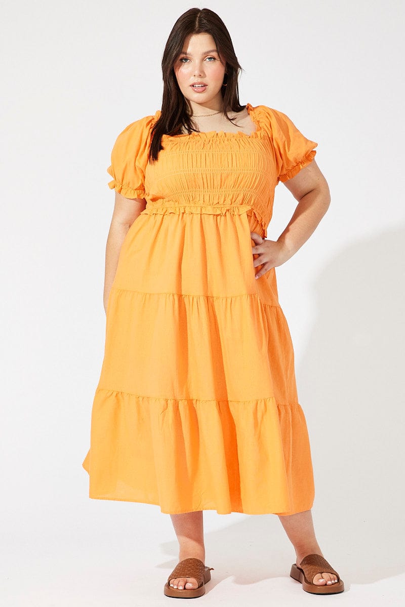 Orange Midi Dress Short Sleeve Shirred for YouandAll Fashion