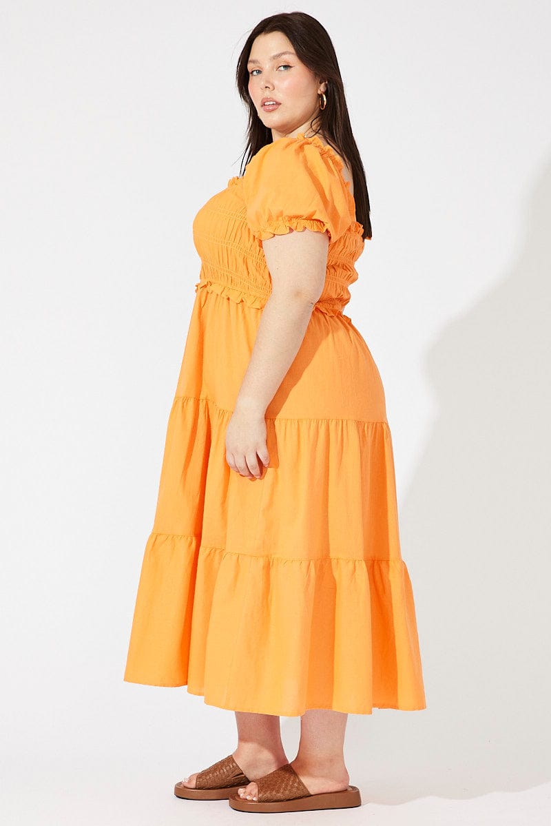 Orange Midi Dress Short Sleeve Shirred for YouandAll Fashion