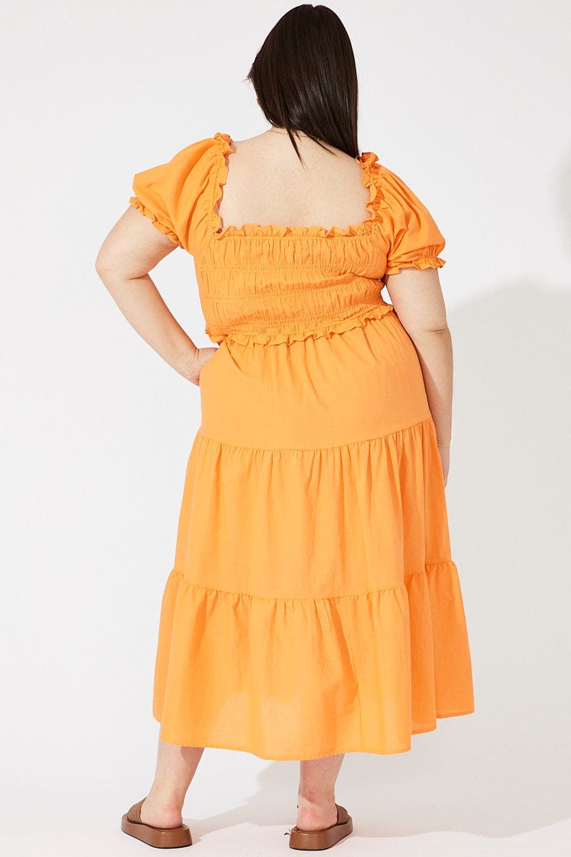 Orange Midi Dress Short Sleeve Shirred for YouandAll Fashion