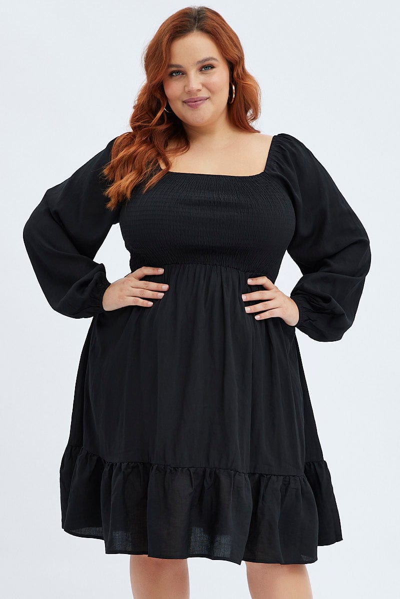 Black Fit and Flare Dress Long Sleeve Shirred for YouandAll Fashion