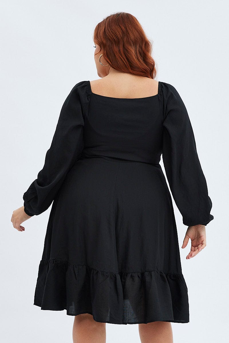 Black Fit and Flare Dress Long Sleeve Shirred for YouandAll Fashion