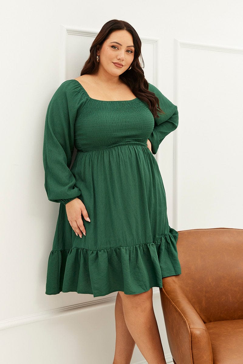 Green Fit and Flare Dress Long Sleeve Shirred for YouandAll Fashion