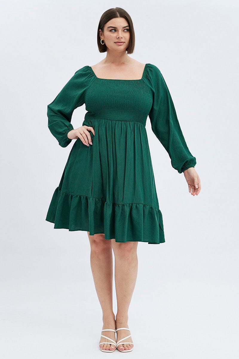 Green Fit and Flare Dress Long Sleeve Shirred | You + All