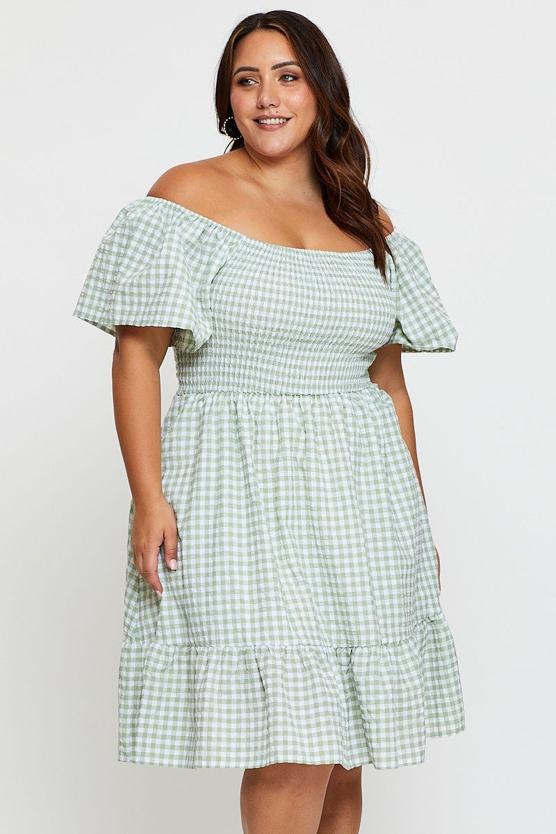 Check Skater Dress Short Sleeve Shirred For Women By You And All