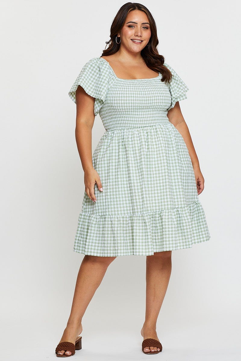 Check Skater Dress Short Sleeve Shirred For Women By You And All