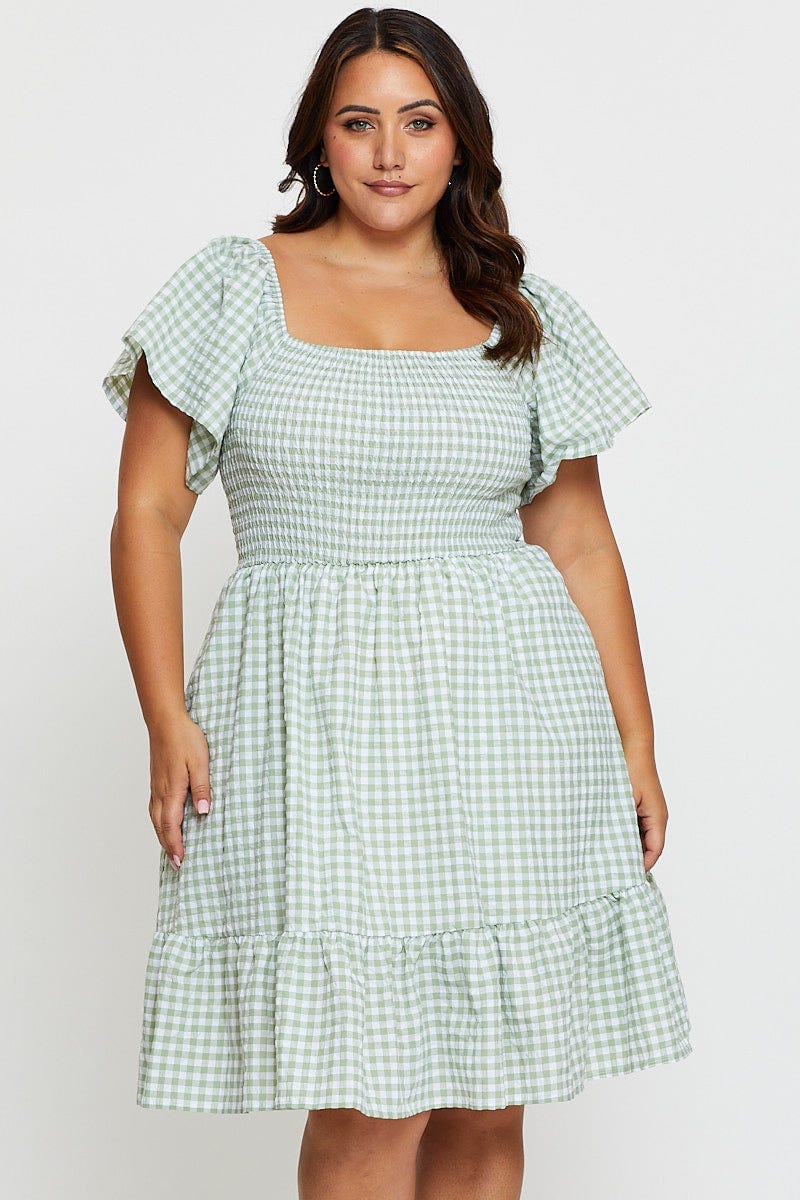 Check Skater Dress Short Sleeve Shirred For Women By You And All
