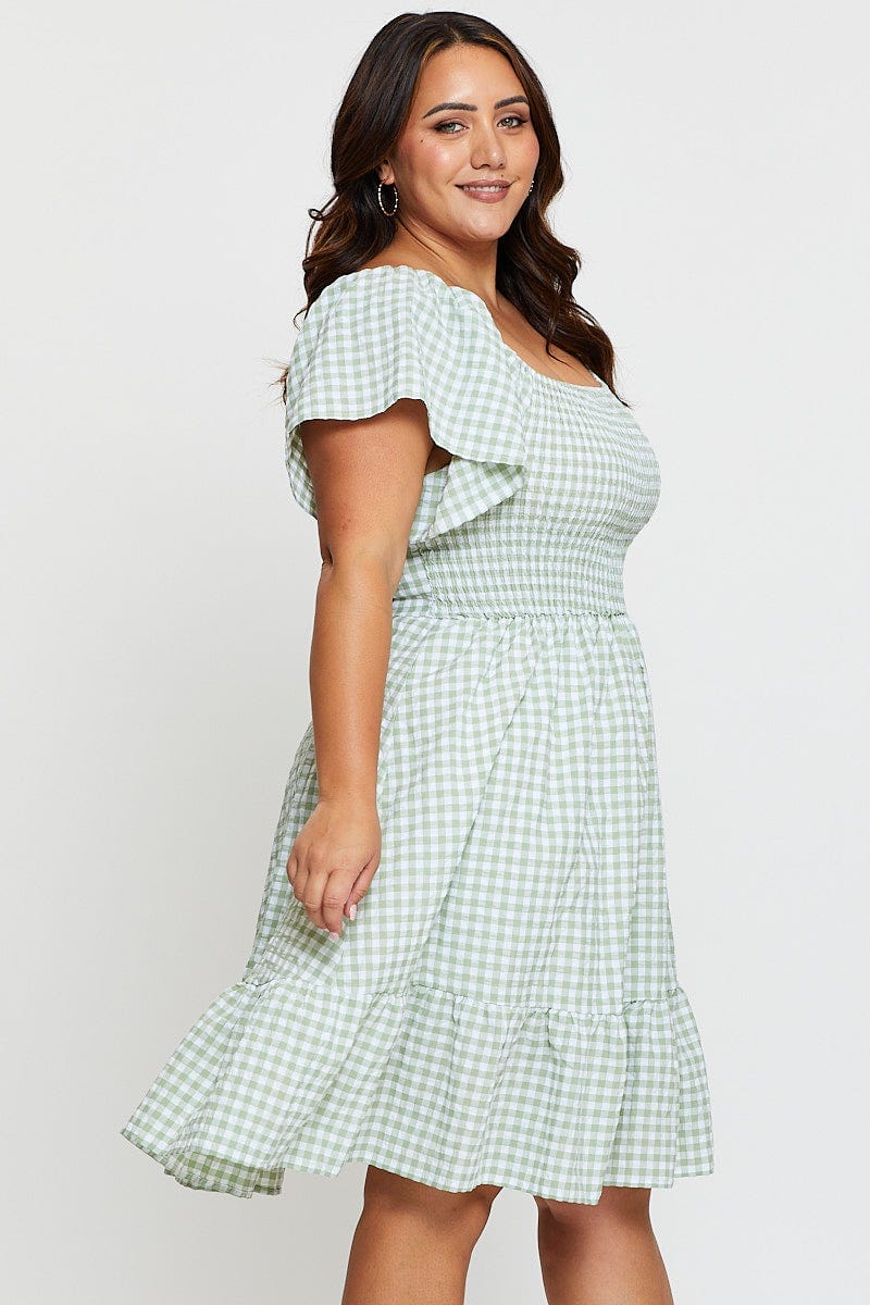 Check Skater Dress Short Sleeve Shirred For Women By You And All