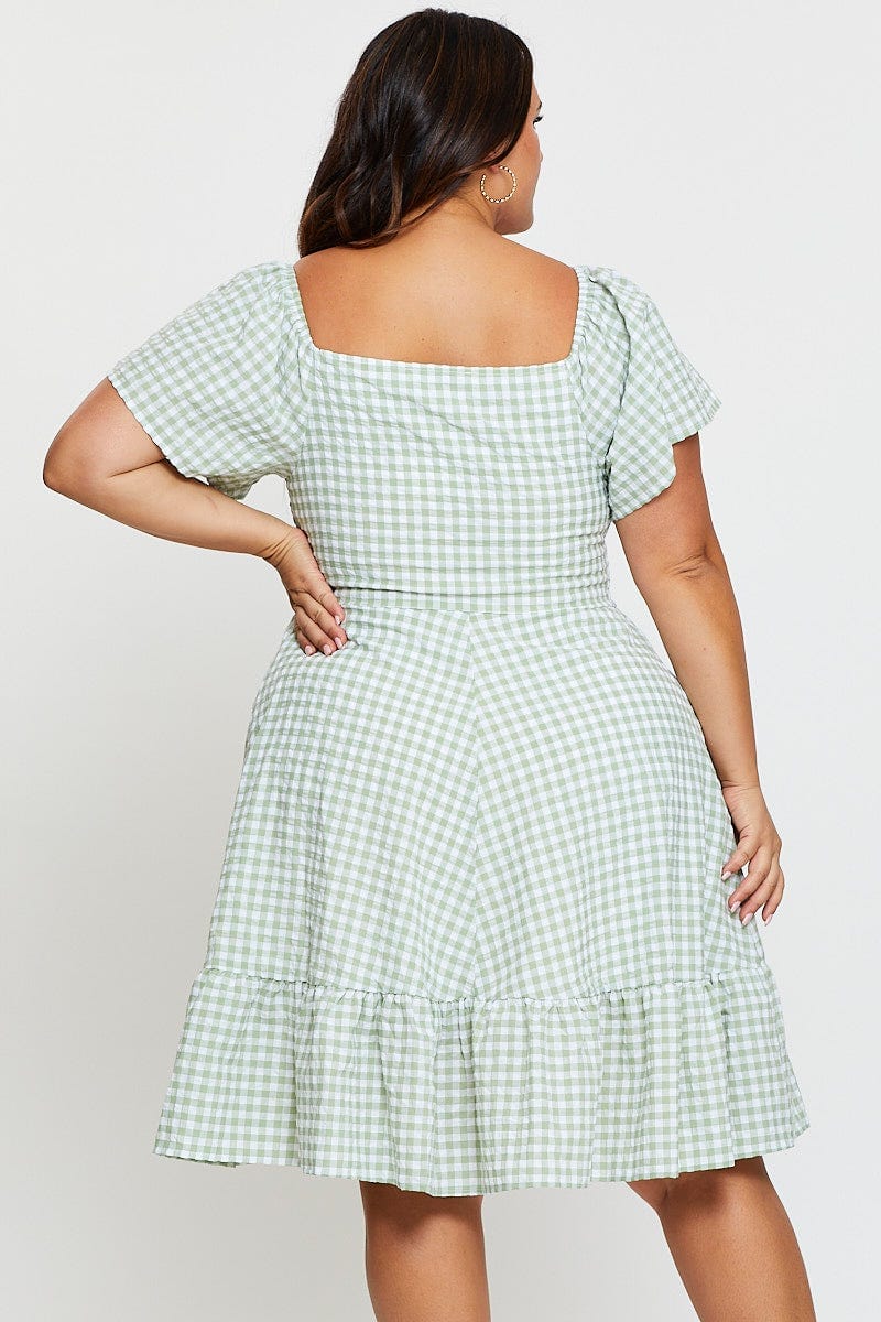 Check Skater Dress Short Sleeve Shirred For Women By You And All