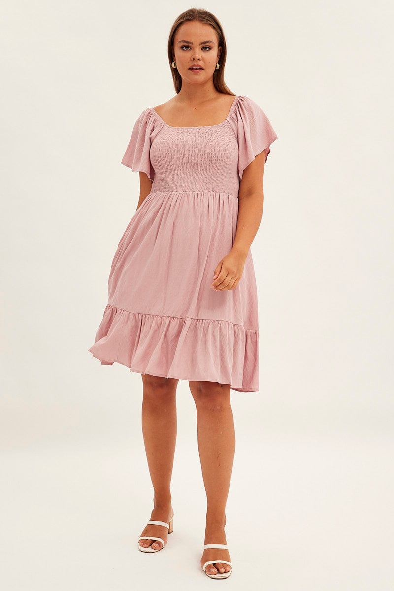 Pink Fit And Flare Dress Short Sleeve Shirred for YouandAll Fashion